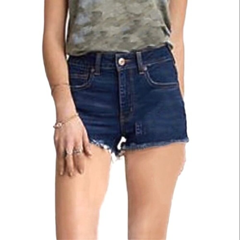American Eagle Womens High Rise Shortie Frayed Hem Dark Blue Denim Jean Shorts 2